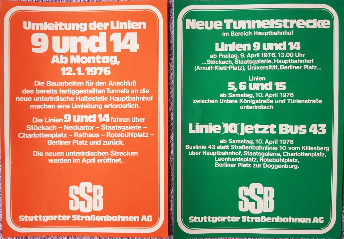 SSB Stuttgart__Einweihung der U Haltestelle Hbf./Arnulf-Klett-Platz. Im April 1976 war es soweit: am Hauptbahnhof ('Arnulf-Klett-Platz' > Stuttgarts OB von 1945 bis zu seinem Tod 1974; obwohl selbst mit einem  Dienst-Porsche  ausgestattet, engagierte er sich sehr für den öffentl. Nahverkehr, schuf mit die Voraussetzungen für das heutige Stadtbahn-System) gingen die Linien 5,6,9,14,15 in den Untergrund, die Aussichts-reiche Linie 10 wurde durch Busse ersetzt. 