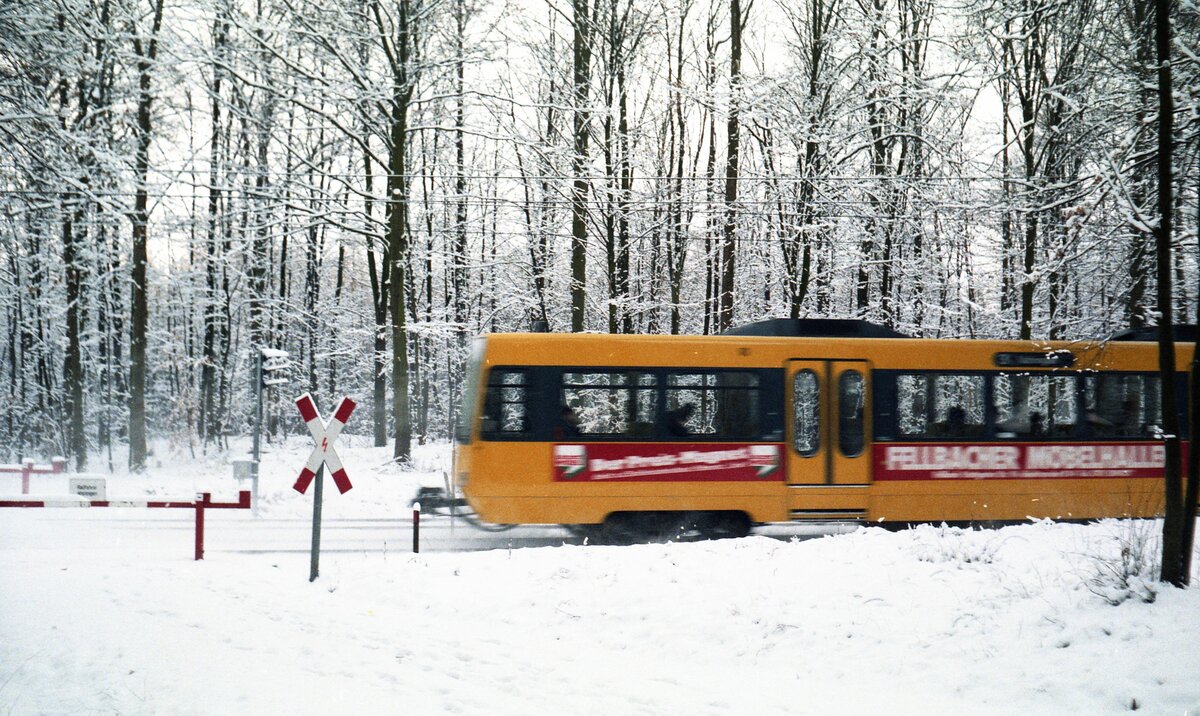 SSB Stuttgart__S-DT8-Zug auf Linie 3 im Wald nahe der Haltestelle 'Landhaus'. __12-1986