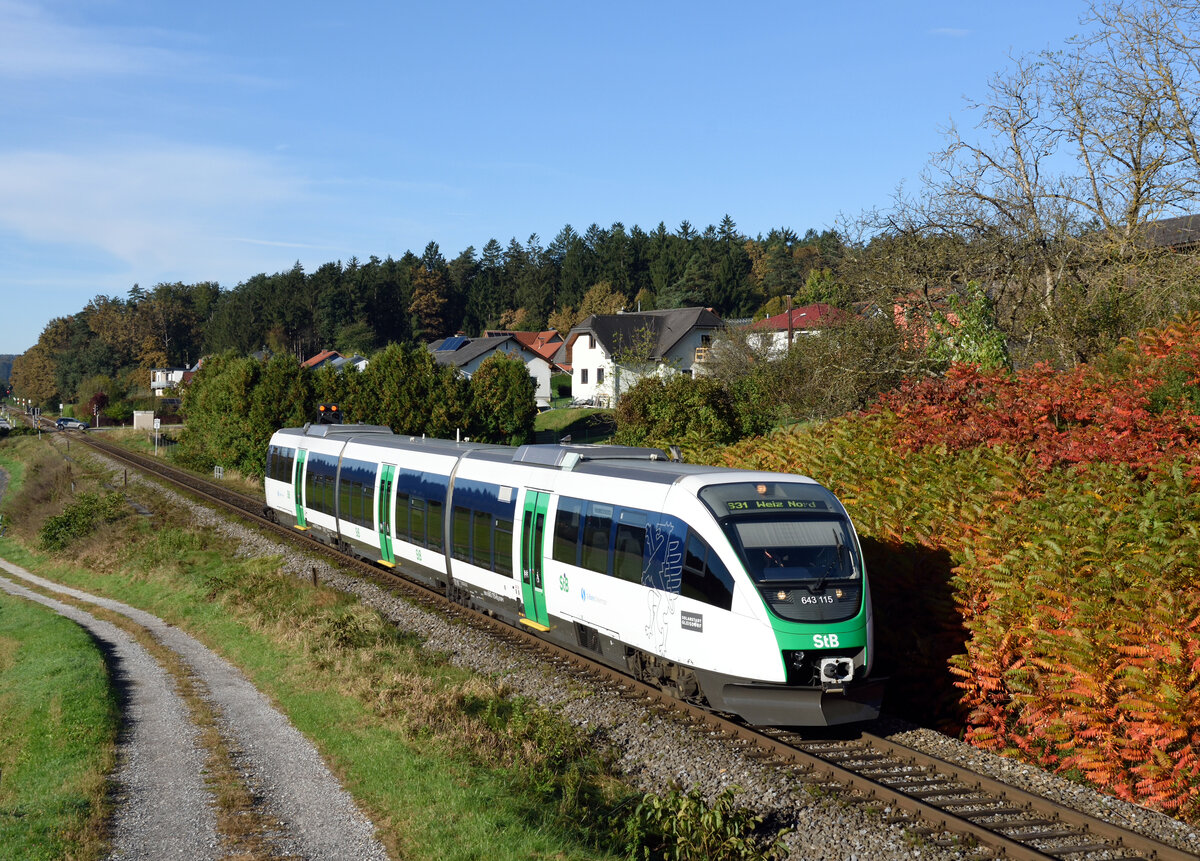 Talent 643 115 unterwegs als S 31 nach Weiz Nord, fotografiert in Flöcking kurz vor Gleisdorf.