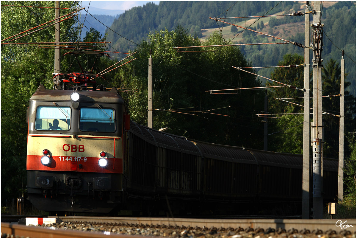 Teleaufnahme von der Schachbrett 1144 117, welche mit DG 55507 (Zur - Ve) in Scheifling einfhrt. Danke Stefan & Wauki :O) 
22.8.2013