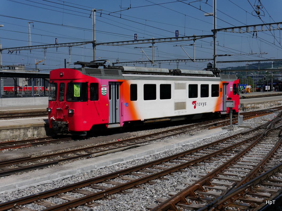 travys / YsteC - Be 4/4 1 abgestellt im Bahnhofsareal in Yverdon les Bains am 05.05.2018