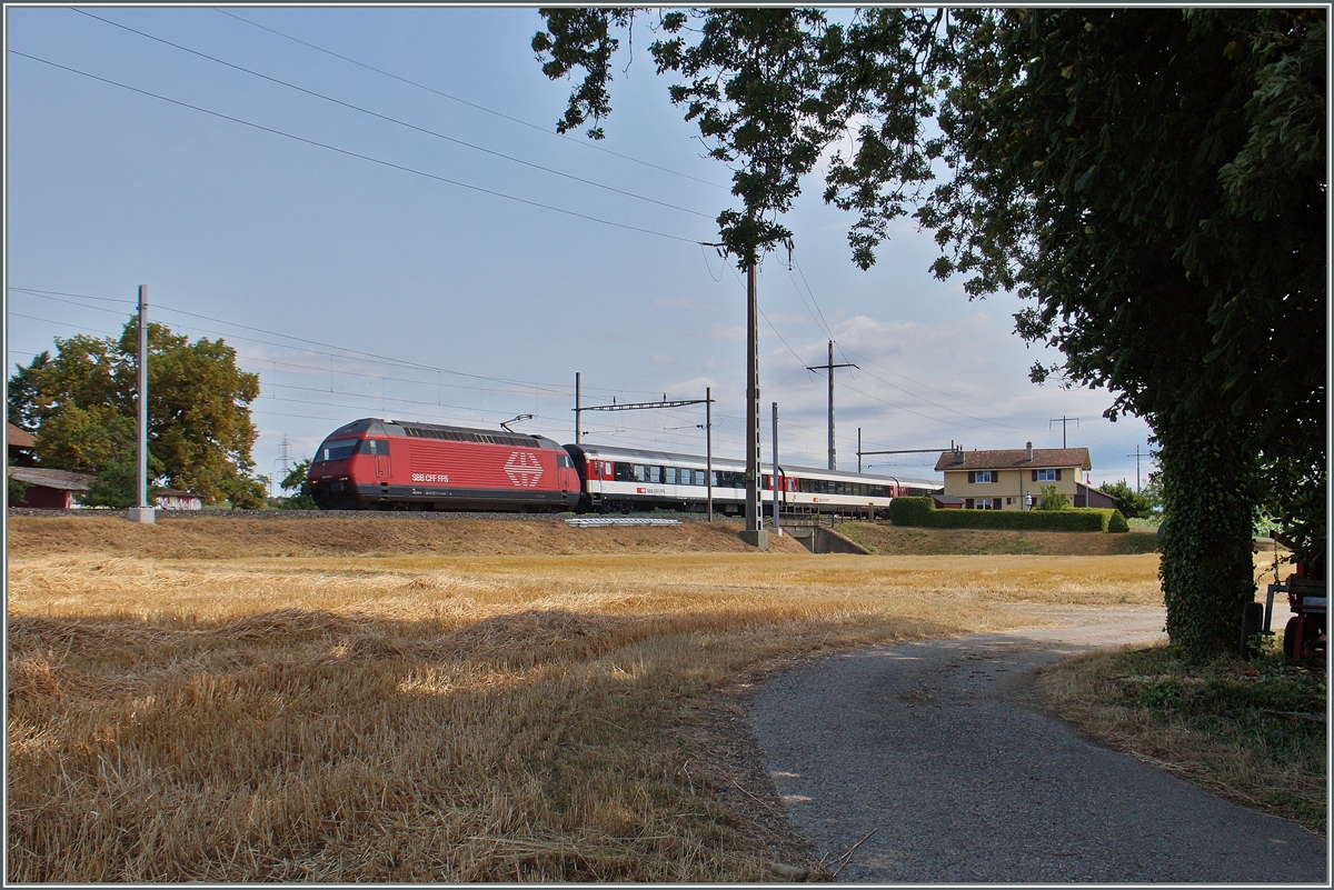 Über die Unterführung, am zweckendfremdeten Bahnwärterhaus vorbei, sausst eine SBB Re 460 mit ihrem IR 1720 kurz nach Allaman Richtung Genève. 
8. Juli 2015