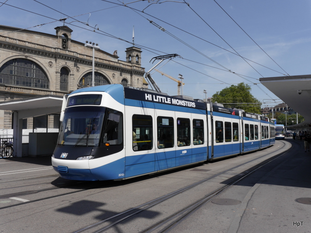 VBZ - Tram Be 5/6 3013 unterwegs auf der Linie 4 in der Stadt Zürich am 19.07.2014