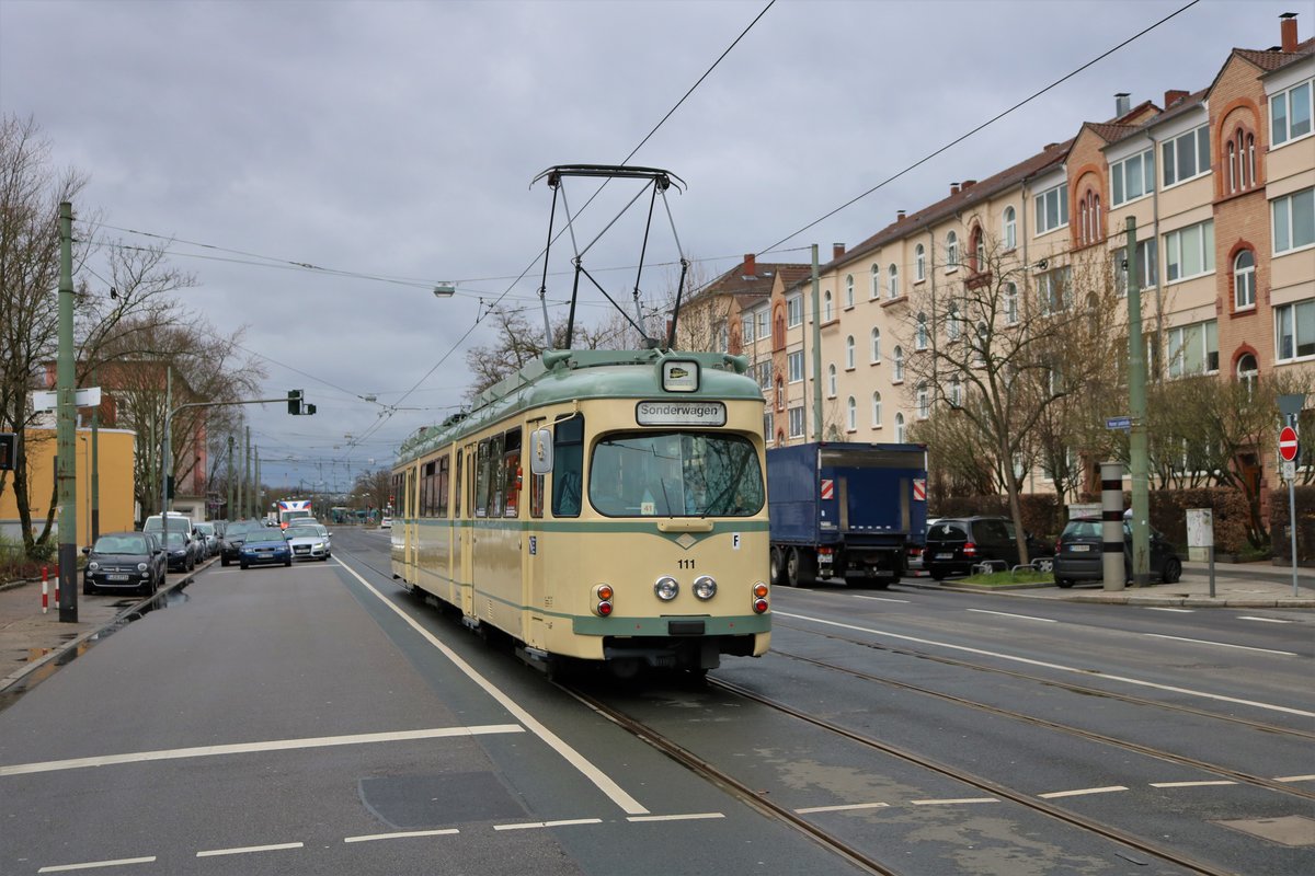 VGF Düwag O Wagen 111 am 16.03.19 bei einer Sonderfahrt in Frankfurt am Main Nied 