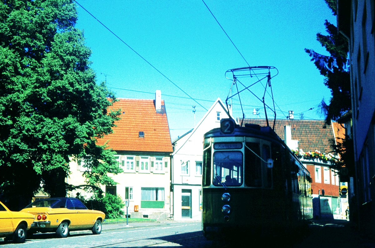 Vor 50 Jahren__Die Straßenbahn in Reutlingen verkehrte das letzte Mal am 19. Oktober 1974. GT4 auf Linie 2 in Pfullingen.__29-07-1974