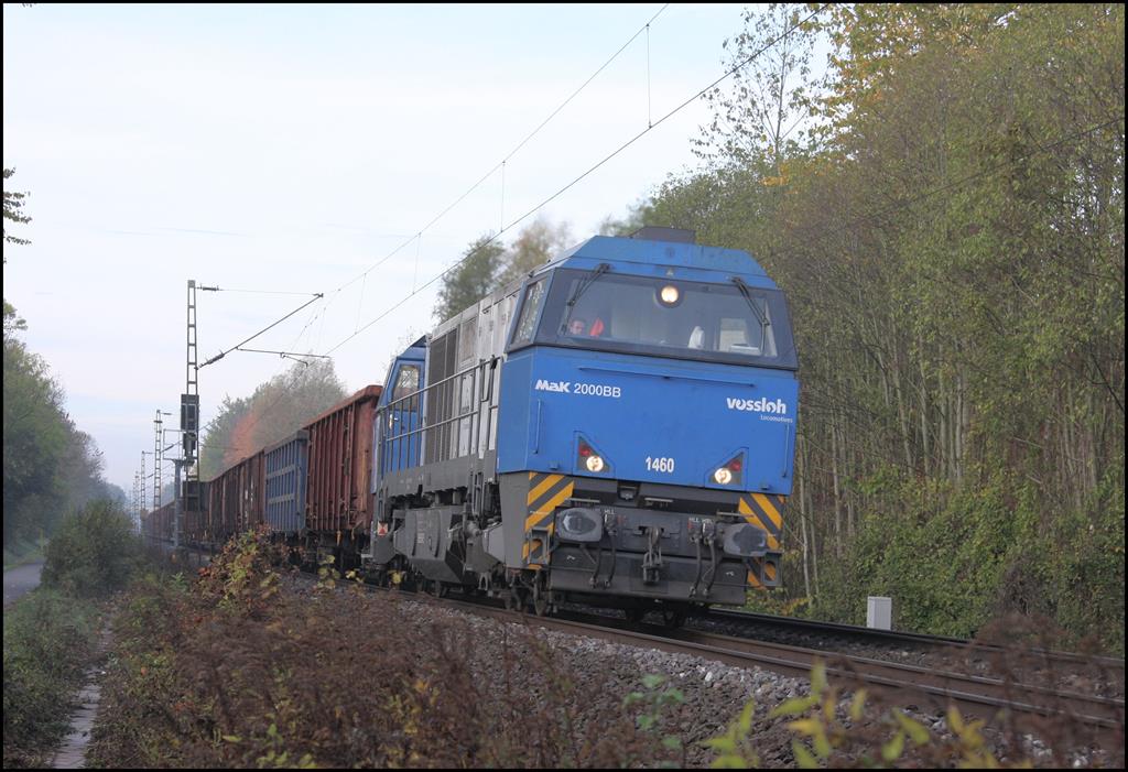 Vossloh 1460 war am 6.11.2018 zwischen Georgsmarienhütte und Osnabrück Hafen im Schrott Pendel Einsatz. Hier kommt sie mit dem Leerwagen Park um 9.26 Uhr in Richtung Hafen durch Osnabrück Hellern.