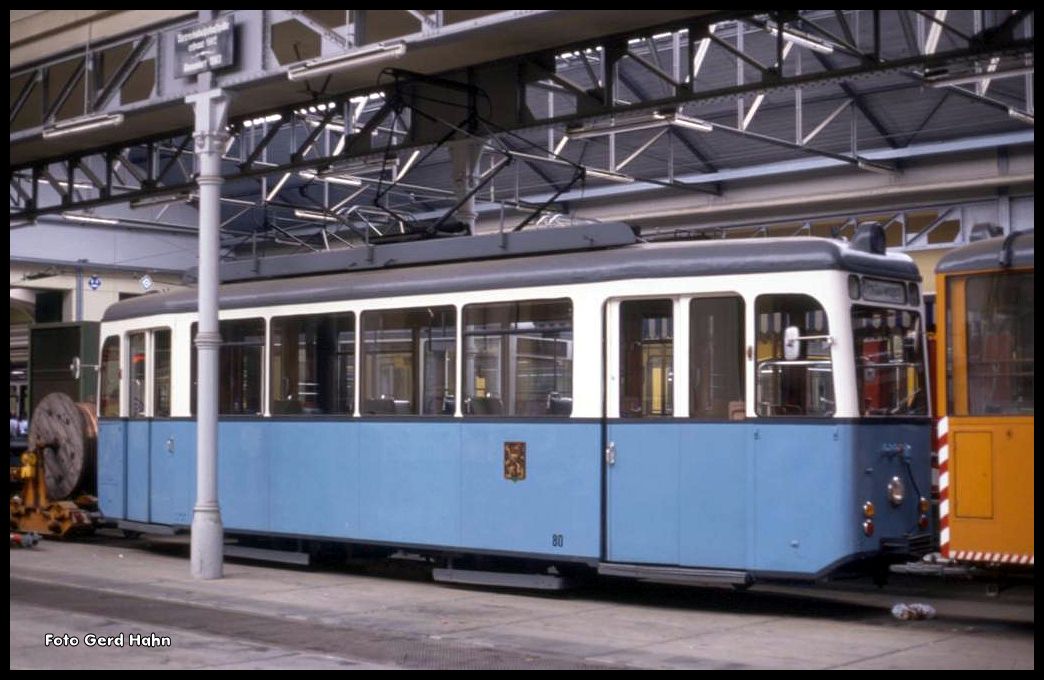 Wagen 80 der Heidelberger Straßenbahn am 24.5.1990 im Betriebshof in Heidelberg.