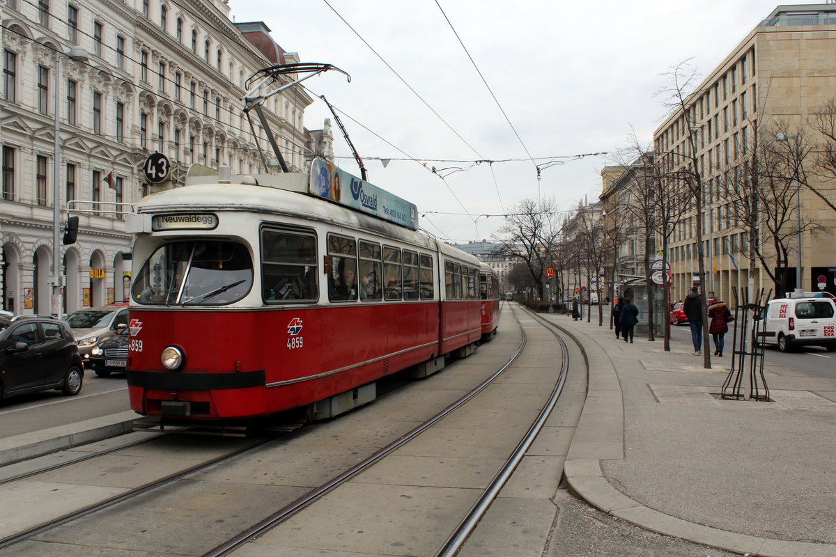Wien Wiener Linien SL 43 (E1 4859 + c4 1355) Alsergrund, Universitätsstraße (Hst. Landesgerichtsstraße) am 16. Februar 2016.