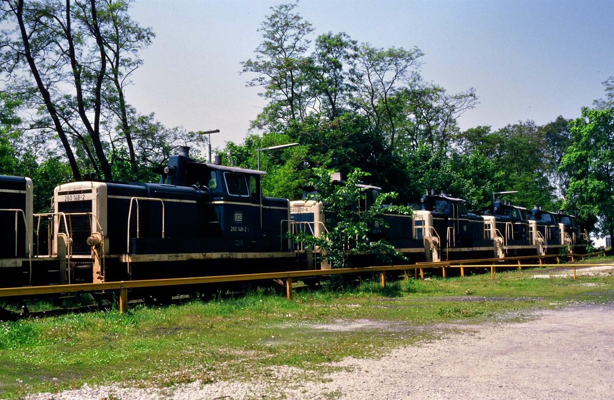 Zahlreiche Rangierloks der Baureihe 260 (DB) wurden am 27.05.1985 vor dem Bw Nürnberg  gelagert : Die ersten beiden Loks in der Reihe tragen die Nummern 260 148-2 und 260 231-6. 