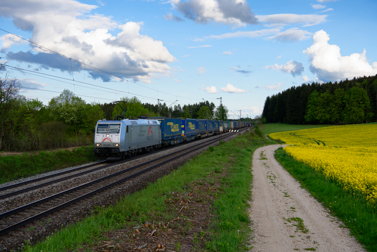 185 539 TXL mit einem umgeleiteten KLV-Zug bei Parsberg Richtung Nürnberg, 14.05.2021