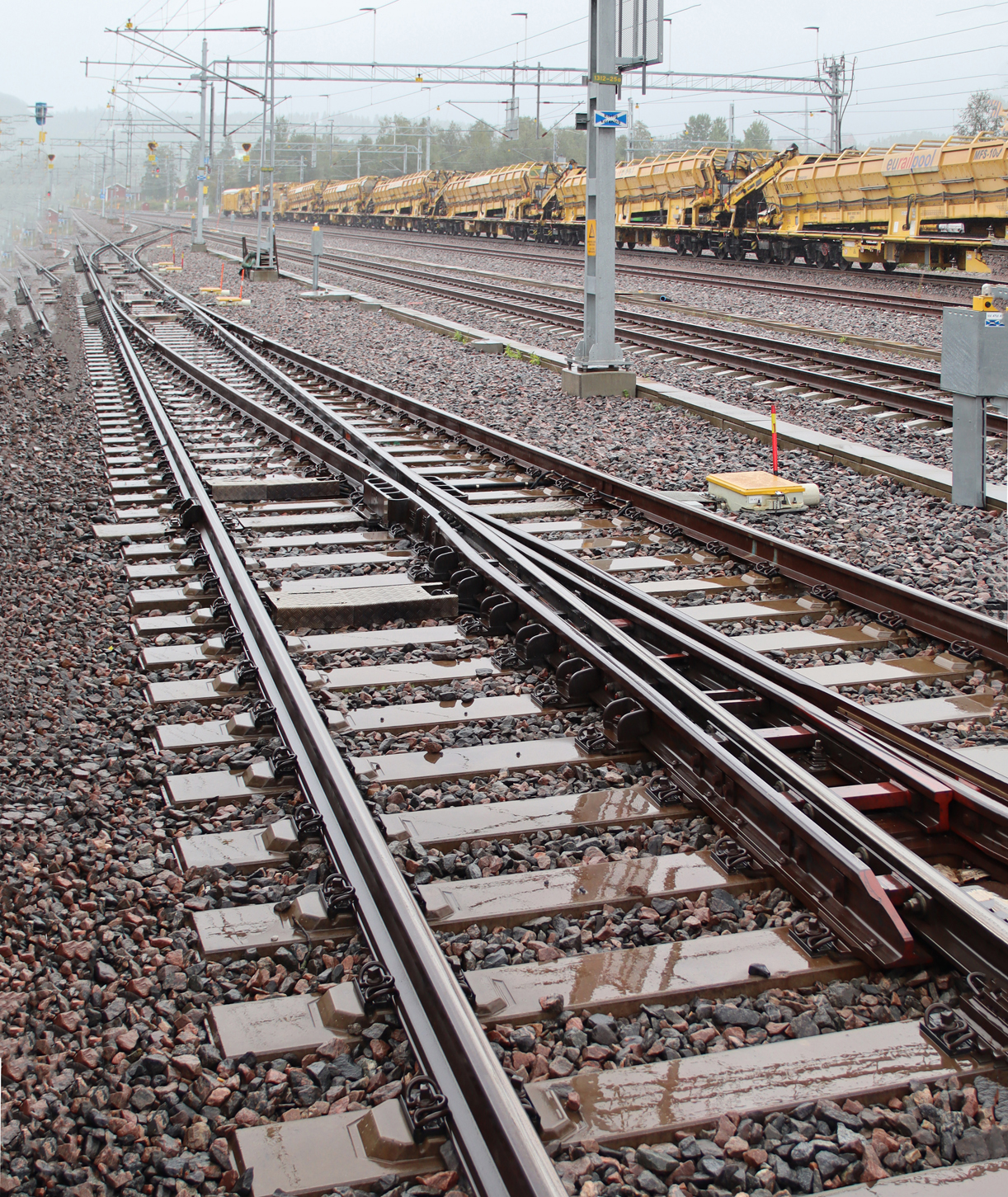 Bahnhof Gällivare, Gleis 1, Mitte Bahnsteig: eine Weiche mit beweglichem Herzstück! Das Foto wurde vom Bahnsteig aus aufgenommen. Gällivare, 11.8.2024