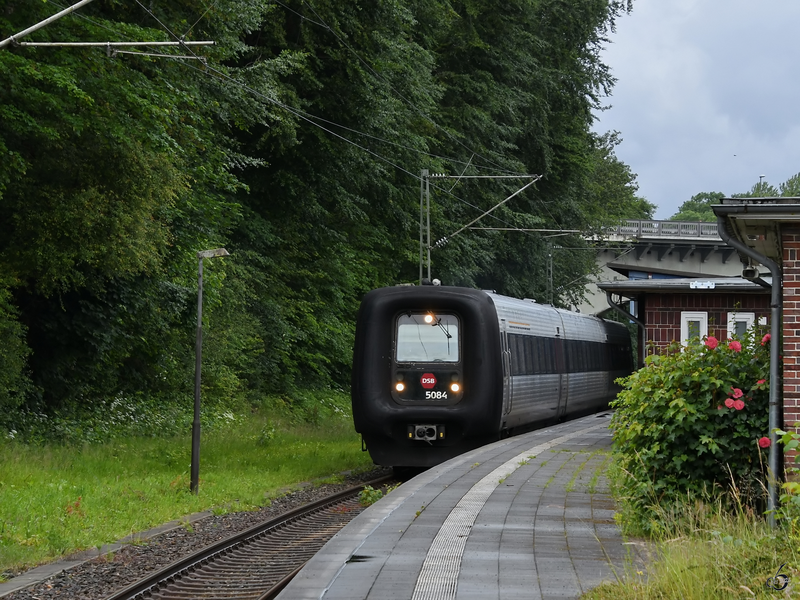 Der Dieseltriebzug 5084 verlässt gerade den Bahnhof in Flensburg. (Juni 2024)