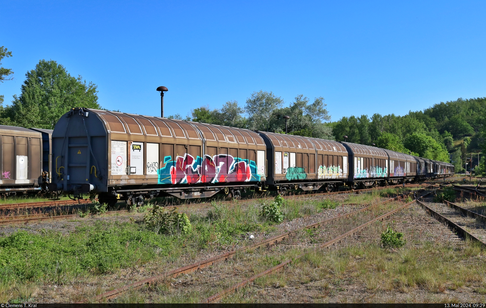 In Ungarn registrierte zweiachsige Schiebewandwagen mit der Bezeichnung  Hbbillns<sup>14</sup> , abgestellt auf den Anschlussgleisen der KME Mansfeld GmbH und fotografiert vom öffentlich zugänglichen Bahnübergang Schloßstraße in Hettstedt.

🧰 TRANSWAGGON GmbH
🕓 13.5.2024 | 9:29 Uhr