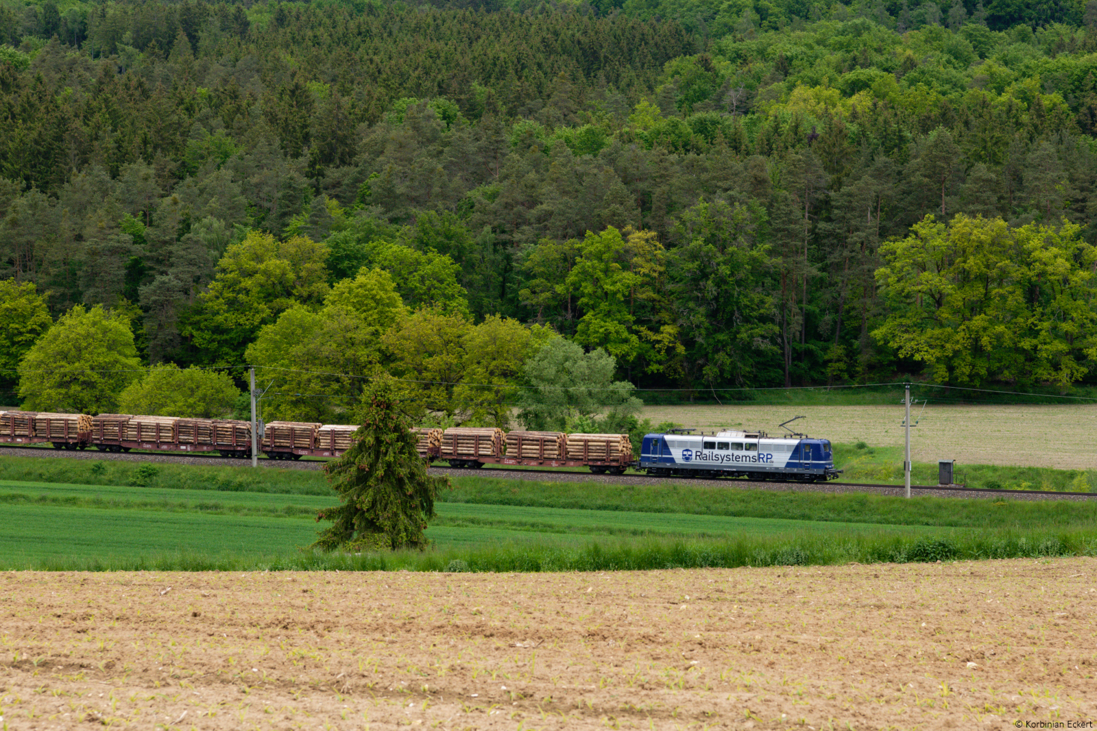 Lokportrait von 151 123 Railsystem RP mit einem Holzzug bei Kehlheim Richtung Regensburg, 29.05.2021