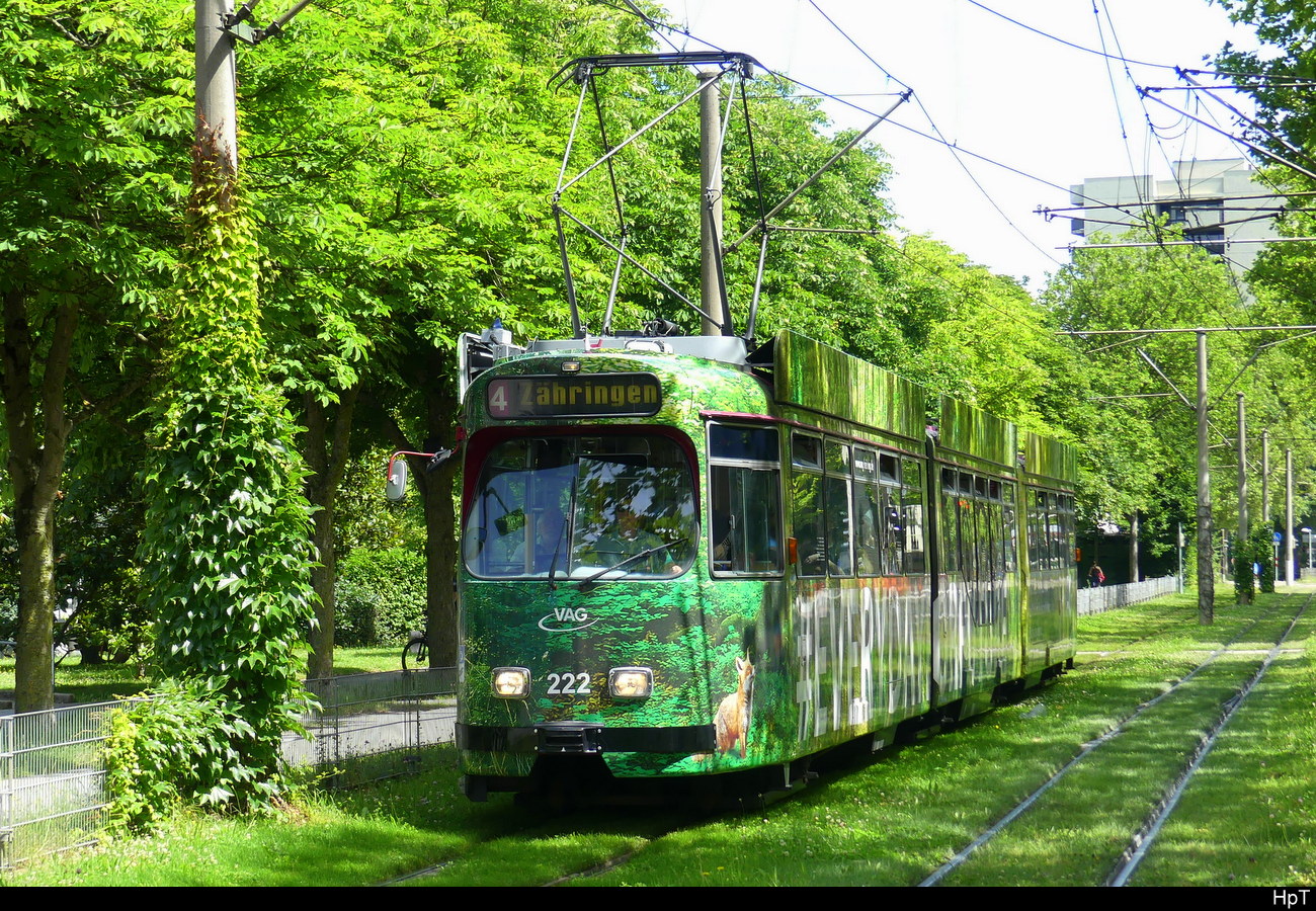 VAG Freiburg i.B. - Strassenbahn DUEWAG GT8N Nr.222 unterwegs auf der Linie 4 in der Stadt Freiburg am 2024.07.05