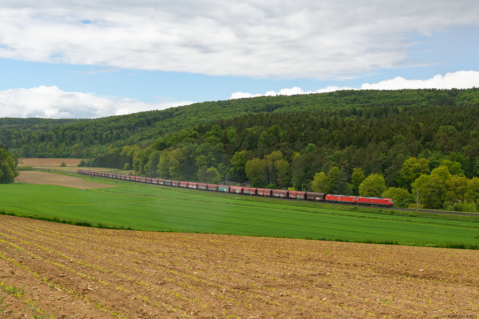 Zwei unbekannt gebliebene 185 von DB Cargo mit einem Erzzug bei Kehlheim Richtung Regensburg, 29.05.2021