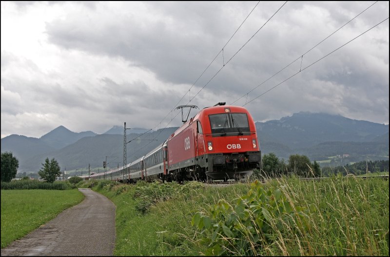 1216 236 ist bei Bernau am Chiemsee mit dem OEC 162  Transalpin , Wien West - Basel SBB, nach Buchs(SG) unterwegs. (09.07.2008)
