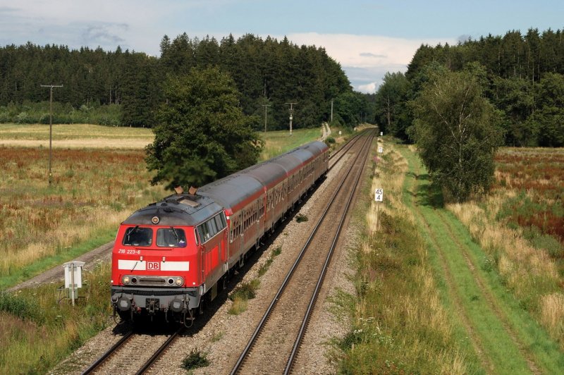 218 223 mit RE 32988 bei Schwabhausen (10.07.2007)