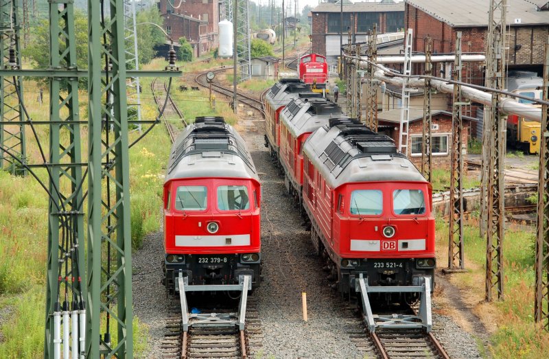 232 379, 233 521 sowie zwei weitere Ludmilla stehen am 04.07.09 im Railion-Werk Halle(S) abgestellt. Ganz rechts ist noch eine Ludmilla der EWR zu erkennen.