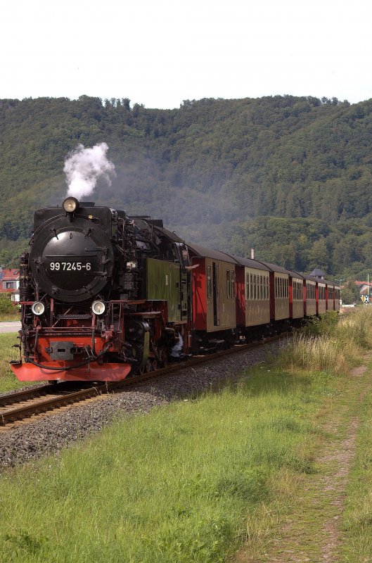 99 7245-6 ist mit ihrem Zug vom Brocken kommend, bei der Fahrt zwischen Ilfeld und Niedersachswerfen, Richtung Nordhausen unterwegs. 28.07.2009