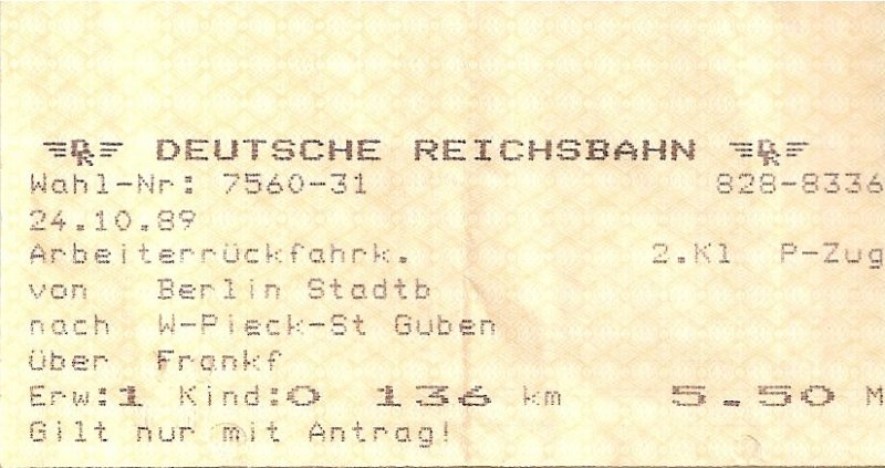 Arbeiterrckfahrkarte der Deutschen Reichsbahn aus einem Geldautomaten der Sparkasse Berlin (!), Preis und Gltigkeit analog der Sonntagsrckfahrkarte der Deutschen Reichsbahn