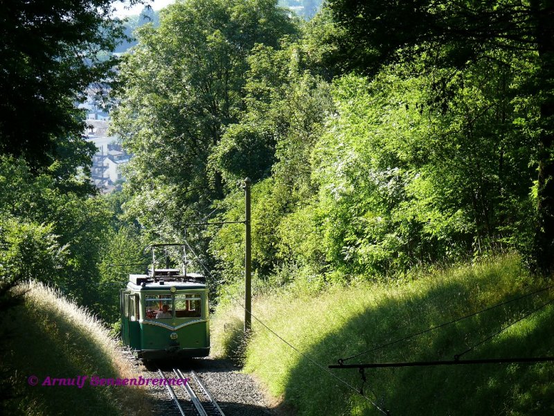 Bergfahrt eines Elektrotriebwagens der Drachenfelsbahn. Im Hintegrund ist im Tal Knigswinter, der Ausgangspunkt der Bahn, zu erkennen.
Diese lteste existierende deutsche Zahnradbahn ist im Jahr 2008 125 Jahre alt geworden.
01.07.2008 