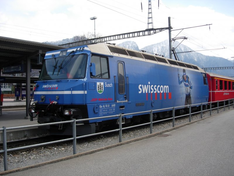 Die Ge 4/4 III Swisscom steht mit einem RegioExpress von Landquart nach Davos in Landquart. Am 16.05.08