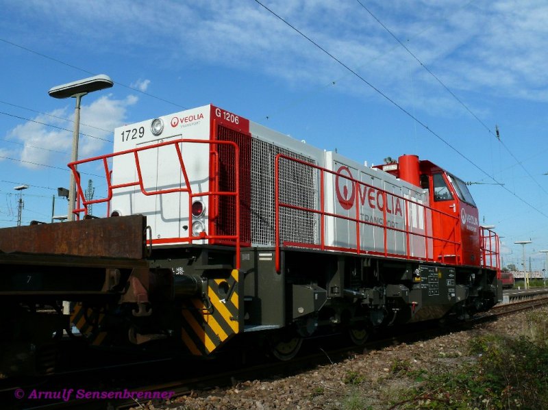 Die nagelneue Veolia-Lok 1729, eine 2007 gebaute Lok des Typs G1206, die in Deutschland und Frankreich zugelassen ist, in der neuen Veolia-Farbgebung. Sie hat eine franzsische Fernsteuerung („Tele“ am Fhrerhaus) erhalten.

29.09.2007
Kehl
