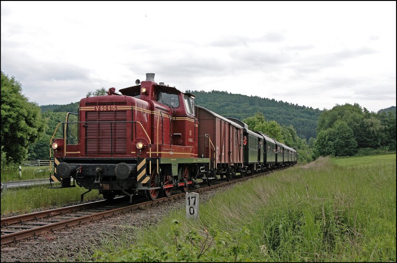 Ein Bild der V60 615 darf nicht fehlen. Hier bringt die Lok den Dampfzug zurck nach Menden(Sauerland). (25.05.2008)
