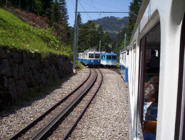 Einige triebwagen der Arth-Rigibahn kommen sich entgegen bei Bahnhof Rigi-Klsterli.