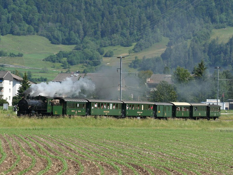 Erster Dampfpendelzug zwischen Bonaduz und Thusis anllich des Bahnhofsfestes in Bonaduz am 10.6.2007 kurz vor Rhzns. Die Dampflok  Rhtia  blieb solange in Bahnhof Bonaduz zurck. Hinweis: Teleaufnahme.