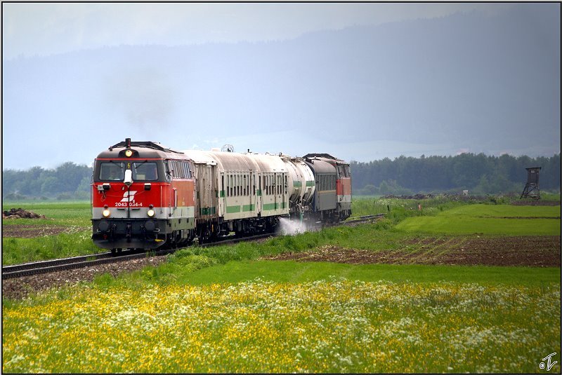 So wie jedes Jahr, kam auch heuer wieder der Unkrautspritzzug ins Aichfeld.Bespannt war der Zug mit den beiden Dieselloks 2043 034 und 044.Diese Teleaufnahme habe ich bei der Fahrt von Pls nach Zeltweg gemacht. Sillweg 13.05.2009