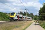 Der Belgische Desiro Mainline Triebzug 08521 fuhr am 01.07.2012 als Sonderfahrt am Tag der Offenen Tr ber den Ausenring im Siemens Prf und Testcenter Wegberg Wildenrath