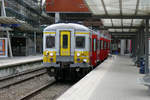 Triebzug 619 (AM 66) der SNCB/NMBS steht abfahrbereit im Bhf Leuven. Dem Hund auf dem Bahnsteig scheint die Sache nicht ganz geheuer zu sein aber eine Wahl hat er nicht. Herrchen wird ihn gleich in den Zug hereinziehen. Aufnahme vom 08/05/2010.