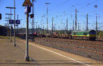 Die Class 66 266 031-4 von Railtraxx fährt mit einem Schinenzug aus Österreich nach Belgien bei der Ausfahrt aus Aachen-West in Richtung Montzen/Belgien.