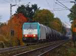 Cobra 186 199 zieht am 03.11.2010 einem leeren Kesselzug die Rampe von Aachen West nach Belgien rauf.