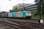 Zwei Cobra 2831 und 2837 kommen mit einem Kohlenzug aus Zandvliet(B) und fahren in Aachen-West ein bei Wolken.