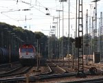 Die Class 66 DE6310  Griet  von Crossrail steht in Aachen-West mit einem Containerzug und wartet auf die Abfahrt nach Belgien bei Sonnenschein am 22.9.2012.