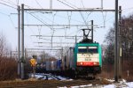 Die Cobra 2829 kommt mit einem Containerzug aus Aachen-West in Richtung Vise und fhrt durch Montzen-Gare(B) bei schnem Winterwetter am Kalten 10.2.2013.