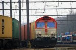 Die Class 66 DE6302  Federica  von Crossrail  steht in Montzen-Gare(B) mit einem sehr langen MSC-Containerzug bei Winterwetter am eiskalten am 10.3.2013.