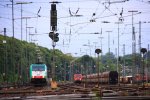 Die Cobra 2815 steht in Aachen-West mit einem langen Containerzug aus Gallarate(I) nach Antwerpen-Oorderen(B) und wartet auf die Abfahrt nach Belgin und im Hintergrund rangiert eine 185 213-6 DB in