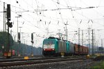 Zwei Cobra 2823 und 2813 fahren mit einem langen Toyota-Autozug Gliwice(PL)ach Zeebrugge(B) bei der Ausfahrt aus Aachen-West und fahren in Richtung Montzen/Belgien bei Regenwetter am 25.8.2013.