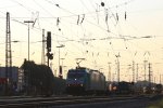 Die Cobra 2815 fhrt mit einem langen Containerzug aus Gallarate(I) nach Zeebrugge(B) bei der Ausfahrt aus Aachen-West und fhrt in Richtung Montzen/Belgien am einem schnem Sommerabend am 27.8.2013.