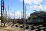 Zwei Cobra 2838 und 2829 kommen mit einem langen Kalkzug aus Yves-Gomezée(B) nach Millingen und fahren in Aachen-West ein bei Sonne und Regenwolken am Nachmittag vom 23.3.2014.