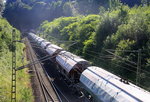 Ein langer Kalkleerzug fährt gerade in den Gemmenicher-Tunnel ein.