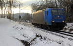185 510-5 von Railtraxx kommt von einer Schubhilfe vom Gemmenicher Tunnel zurück nach Aachen-West. 
Aufgenommen an der Gemmenicher-Rampe am Gemmenicher-Weg auf dem Montzenroute.
Bei Sonne und Schnee am Kalten Nachmittag vom 31.1.2019.
