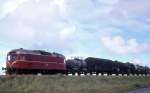 VLTJ (Vemb-Lemvig-Thyborøn-Jernbane, Lemvigbanen) Diesellok M12 (Frichs 1952) mit Güterwagen Rønland am 27. August 1974.