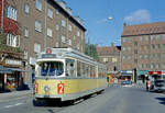 København / Kopenhagen Københavns Sporveje SL 2 (DÜWAG/Kiepe-GT6 844) Brønshøj, Brønshøjvej / Frederikssundsvej / Brønshøj Torv am 28. September 1969. - Scan eines Farbnegativs. Film: Kodak Kodacolor X.