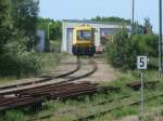 Gleisarbeitsfahrzeug,am 03.Juni 2011,im Anschlu Bahnmeisterei in Bergen/Rgen.Da der Bahnsteig zu Ende war blieb nur die Ansicht von Vorne.