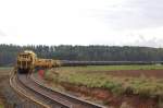 SUZ 500 UVR (Schnellumbauzug) bei der Arbeit zwischen Godlricht und Mimbach, hinten hngen die Wagen mit den neuen Schwellen, auf die auch die alten ausgebauten zum Abtransport geladen werden